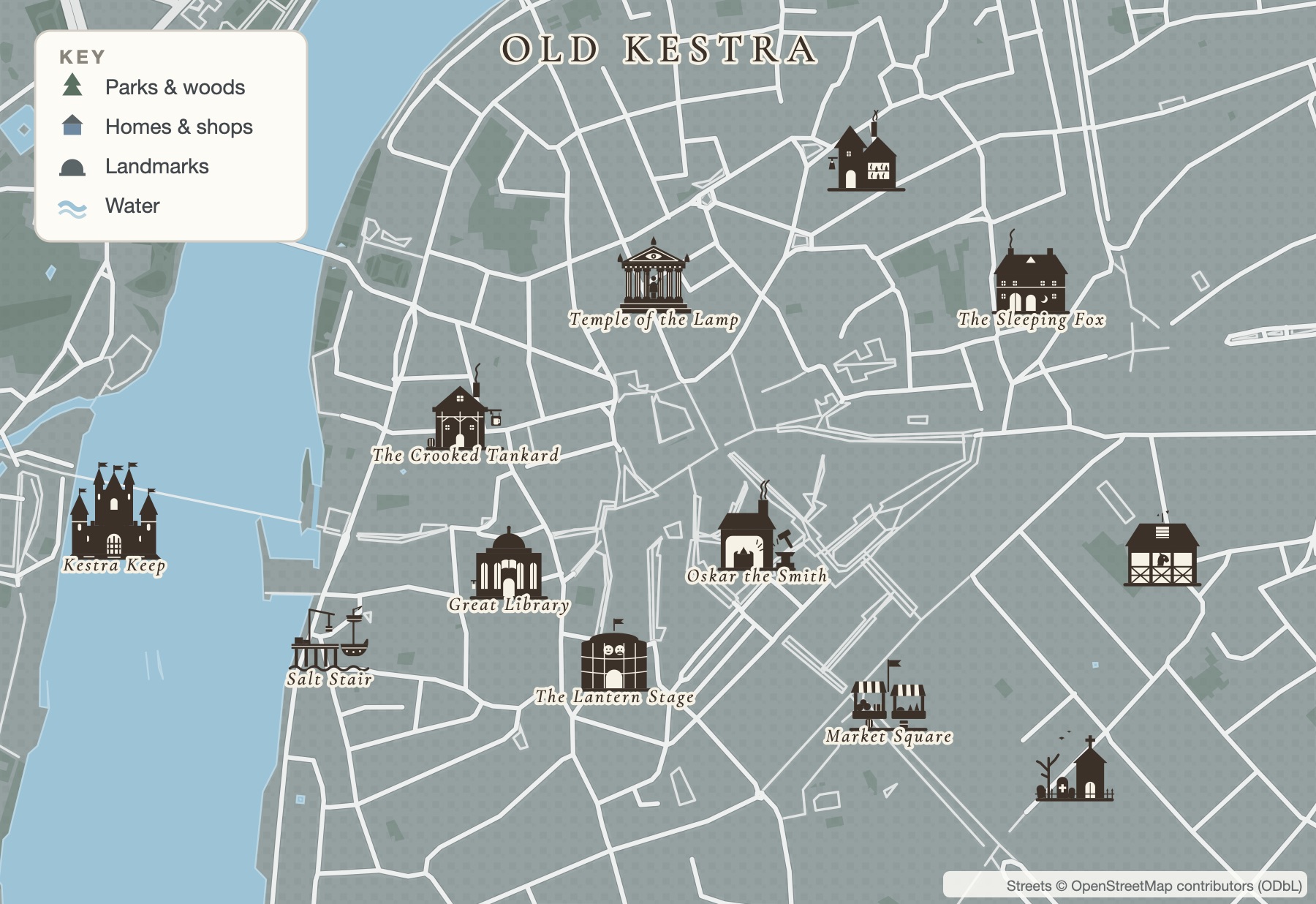 Old Kestra, a city map made in Inkling's map maker, in the Inkling Wash style
