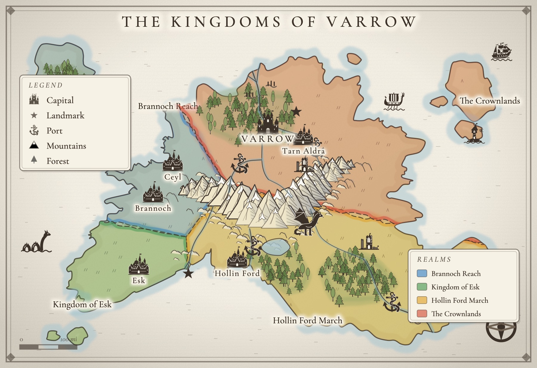 The Kingdoms of Varrow, a fantasy world map made in Inkling's map maker, in the Inkling Wash style