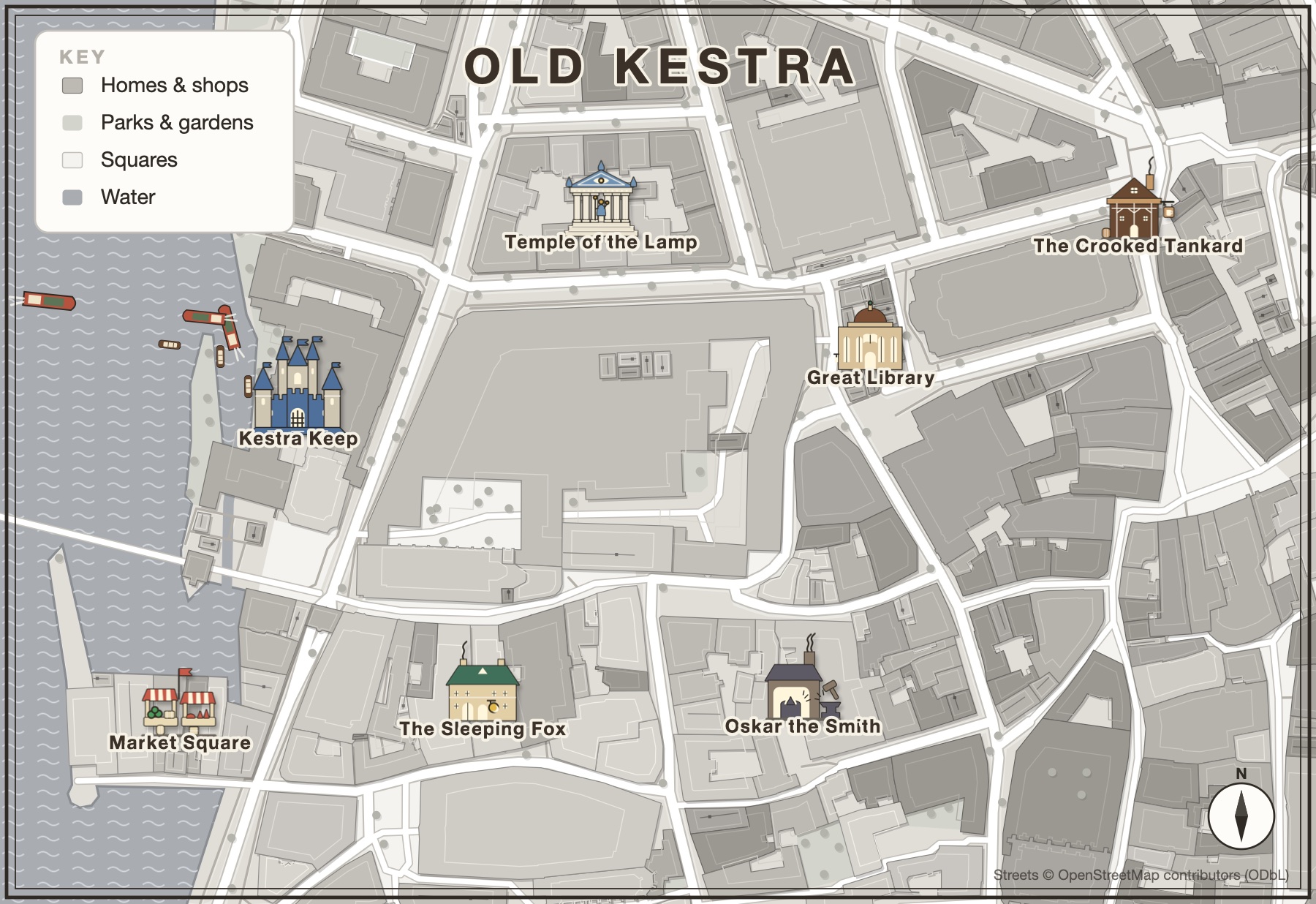 Old Kestra, a city map made in Inkling's map maker, in the Inkling Wash style